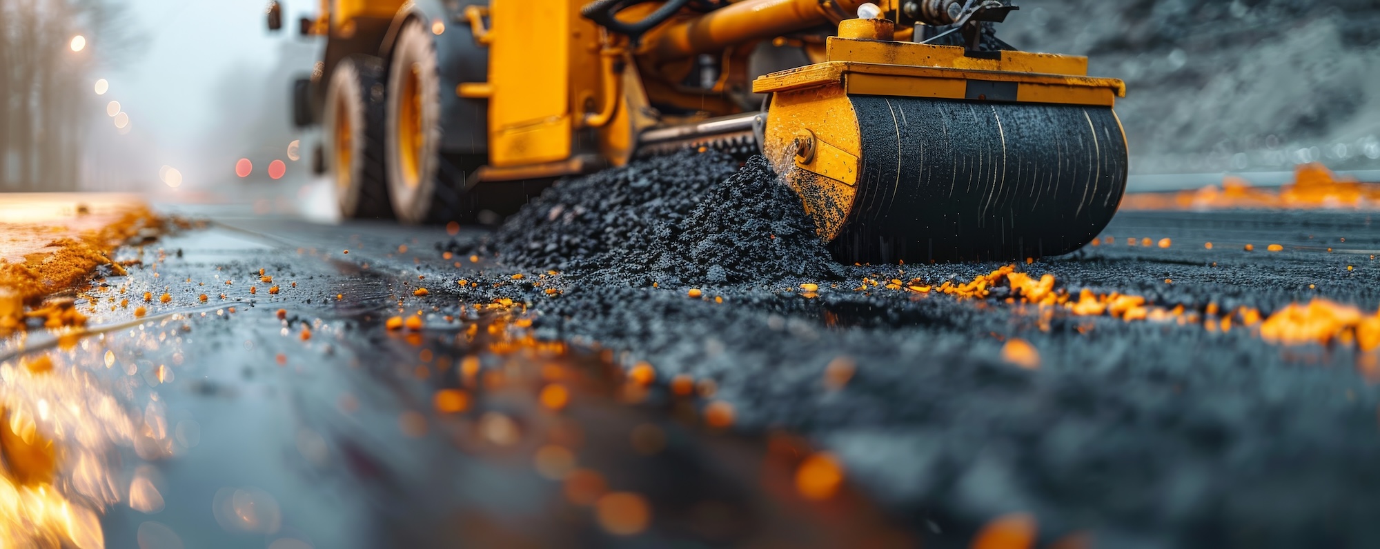 Close-up view of a modern asphalt spreader machine in operation during a roadwork construction project. The photo captures the intricate details and functional design of the heavy construction machinery.